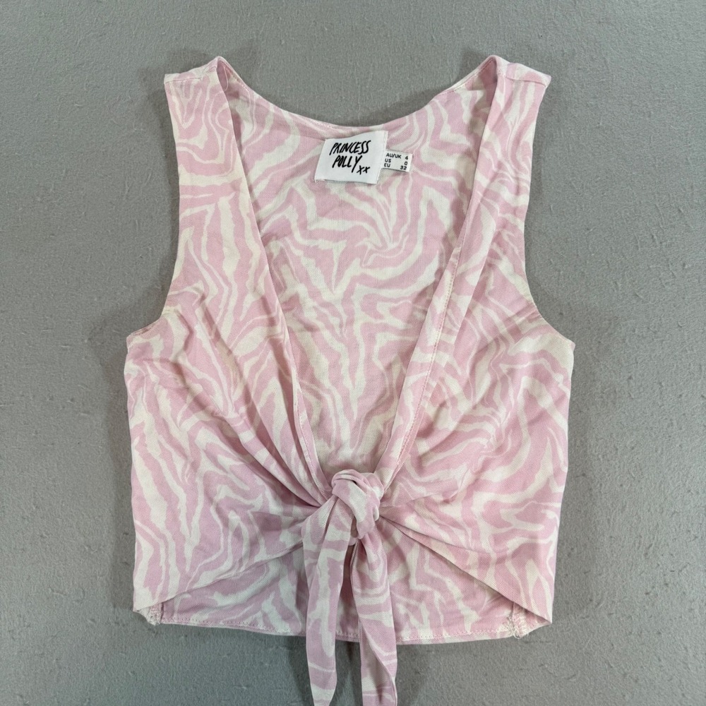 Princess Polly Womens Pink Zebra Mesh Tie Front Crop Top US 0